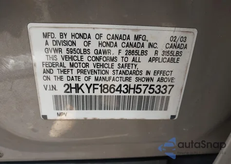 2003 Honda Pilot Ex-L z USA, uszkodzony, nr VIN 2HKYF18643H575337